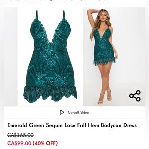 PrettyLittleThing - Emerald Green Sequin Lace Frill Hem Bodycon Dress